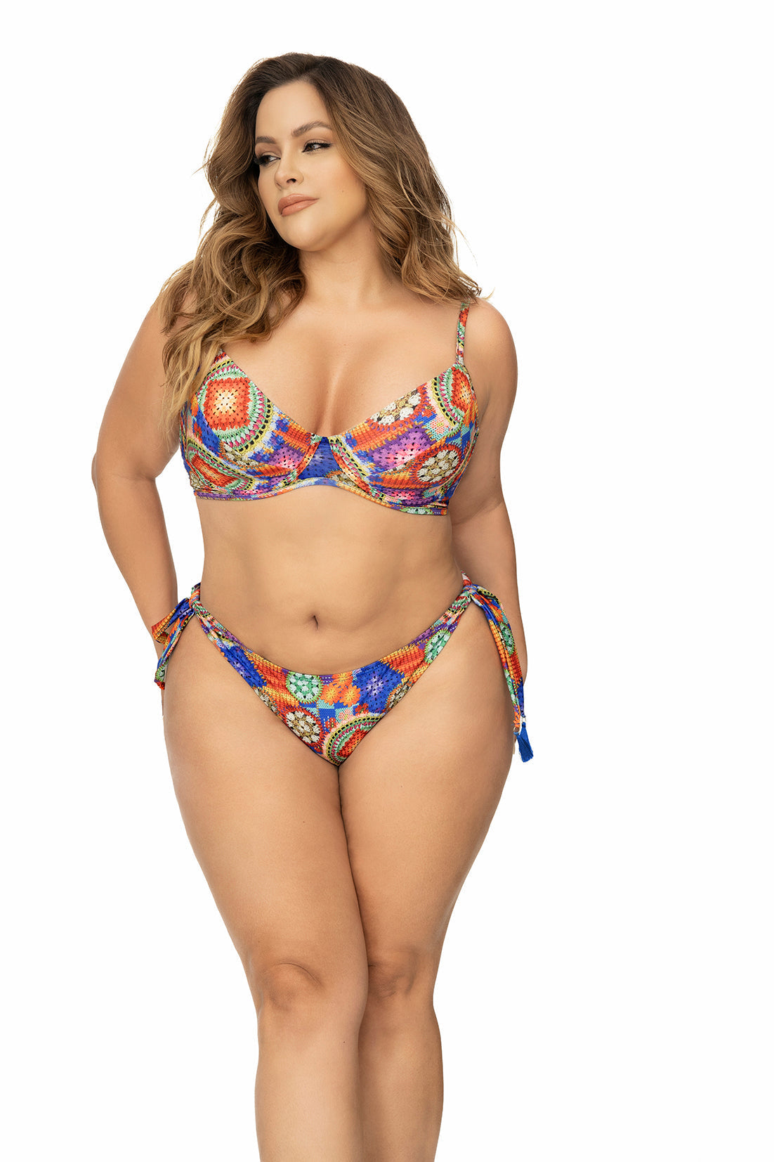 Crochet Print Top & Side Tie Cheeky Two Piece Swimsuit Plus Size
