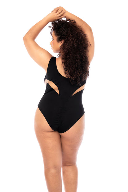 Black Sheer Mesh Cut-Out One Piece Swimsuit Plus Size