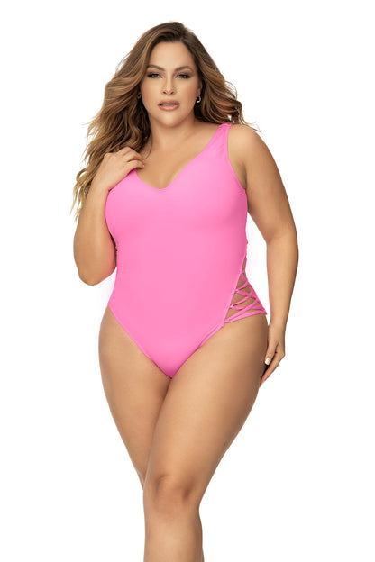 Lace Up Detail & Moderate Coverage One Piece Swimsuit Plus Size