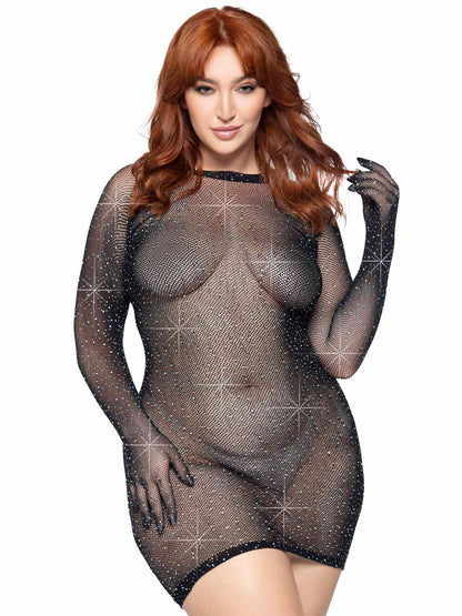 Rhinestone Fishnet Gloved Plus Size Mini Dress