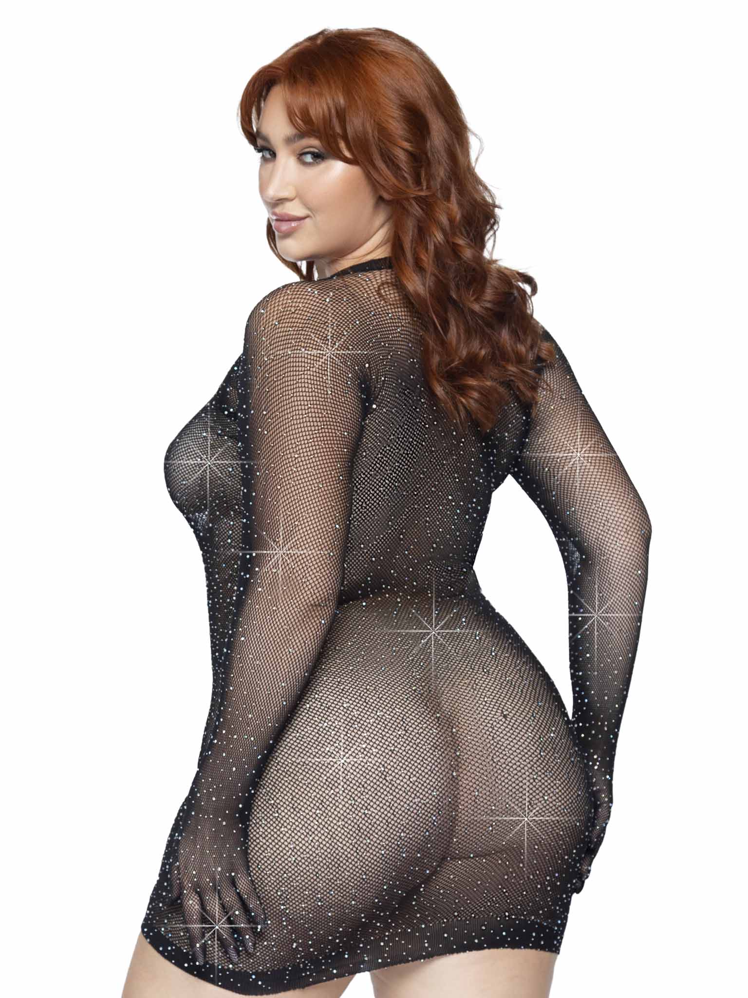 Rhinestone Fishnet Gloved Plus Size Mini Dress