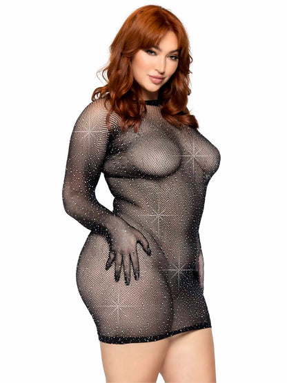 Rhinestone Fishnet Gloved Plus Size Mini Dress