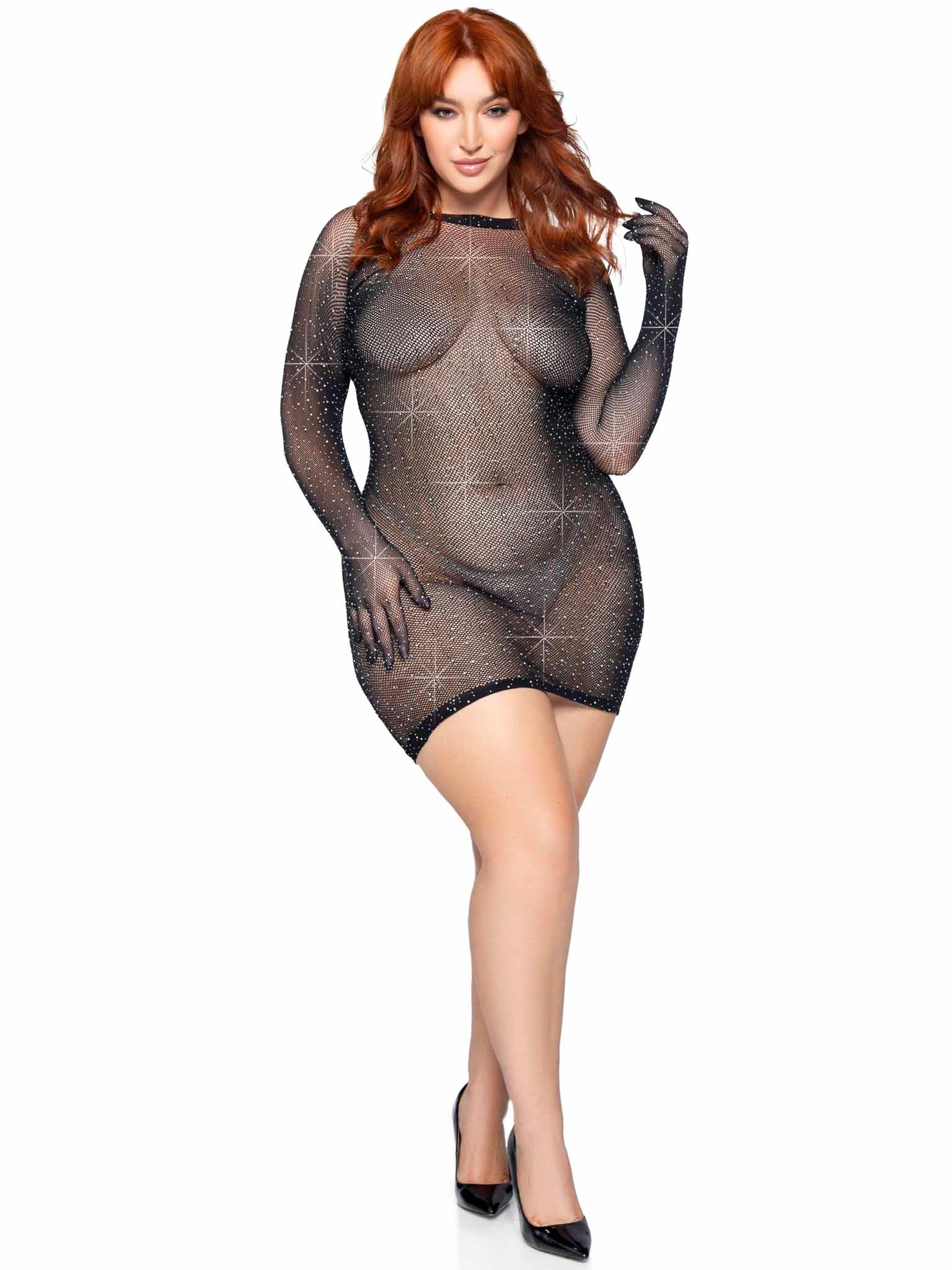 Rhinestone Fishnet Gloved Plus Size Mini Dress