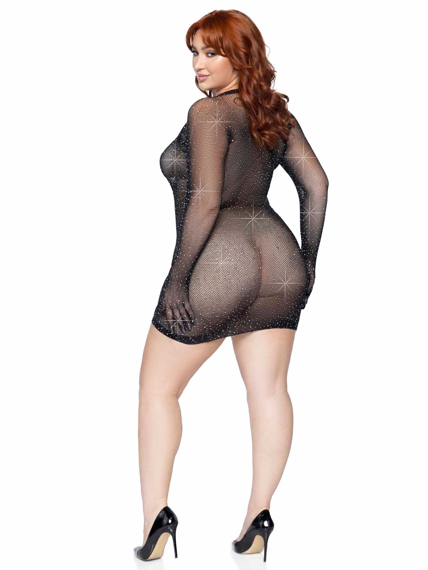 Rhinestone Fishnet Gloved Plus Size Mini Dress