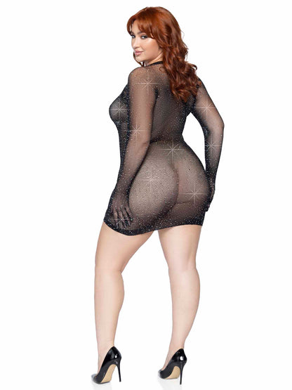 Rhinestone Fishnet Gloved Plus Size Mini Dress