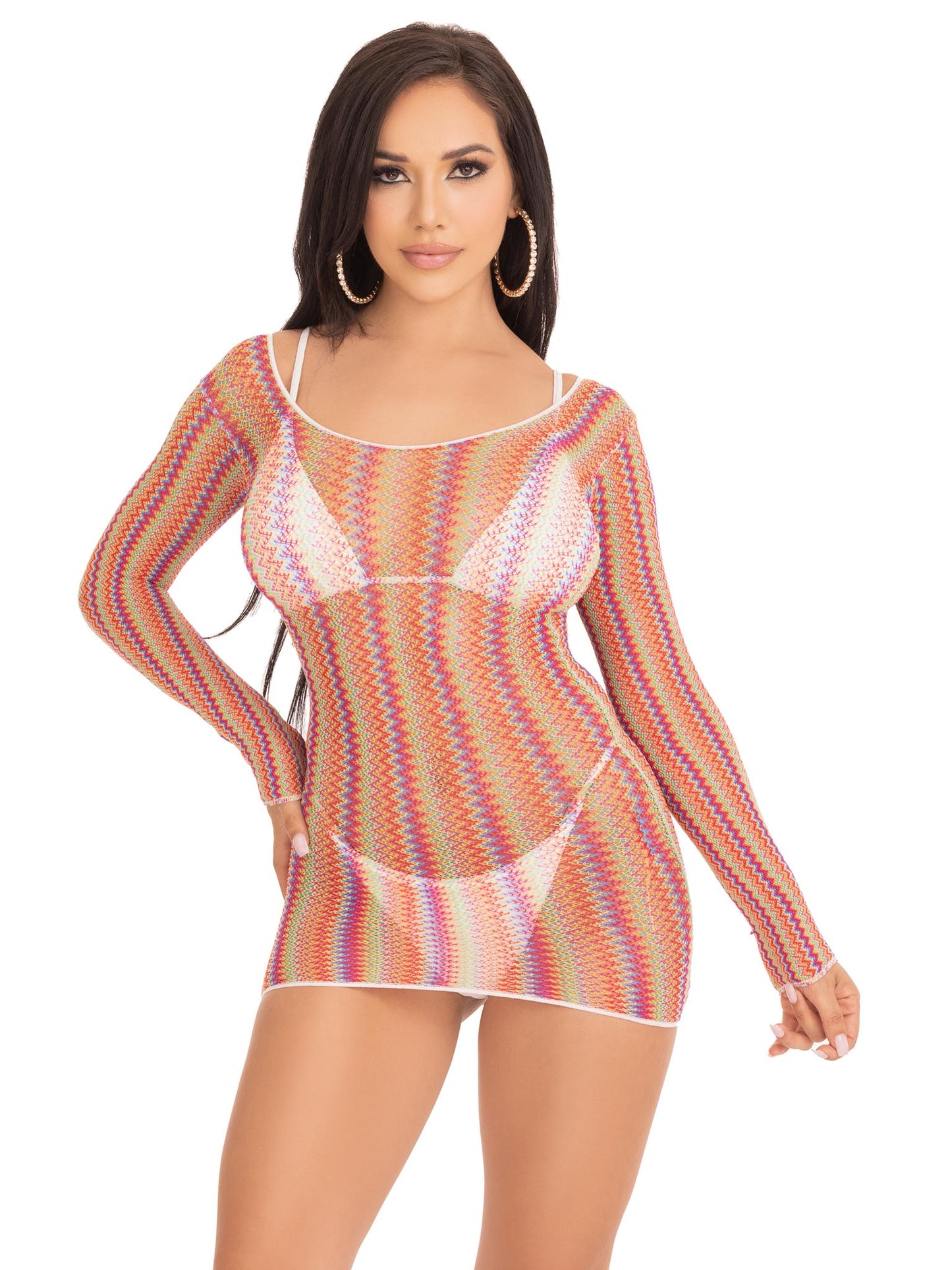 Zig Zag Multicolored Net Long Sleeve Mini Dress