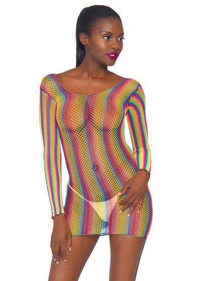 Rainbow Fishnet Long Sleeved Lingerie Mini Dress