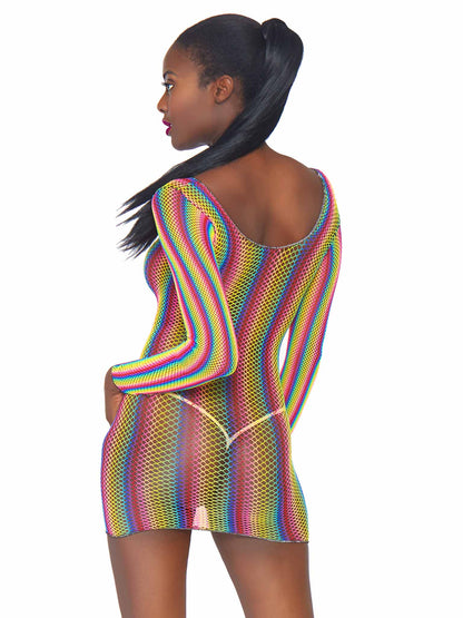 Rainbow Fishnet Long Sleeved Lingerie Mini Dress