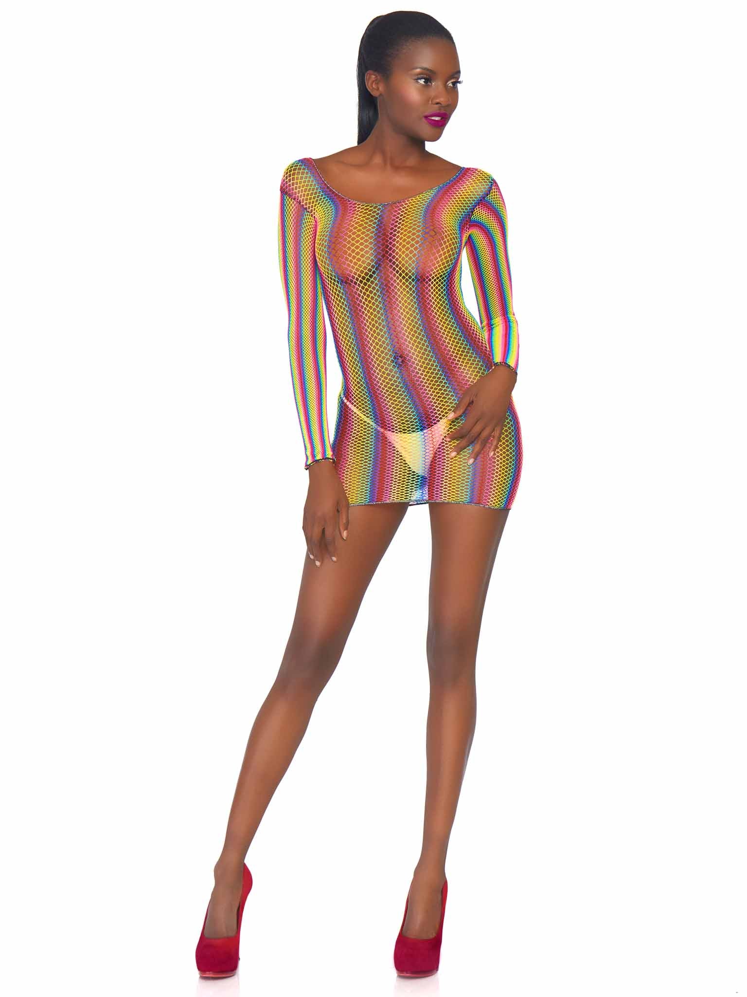 Rainbow Fishnet Long Sleeved Lingerie Mini Dress