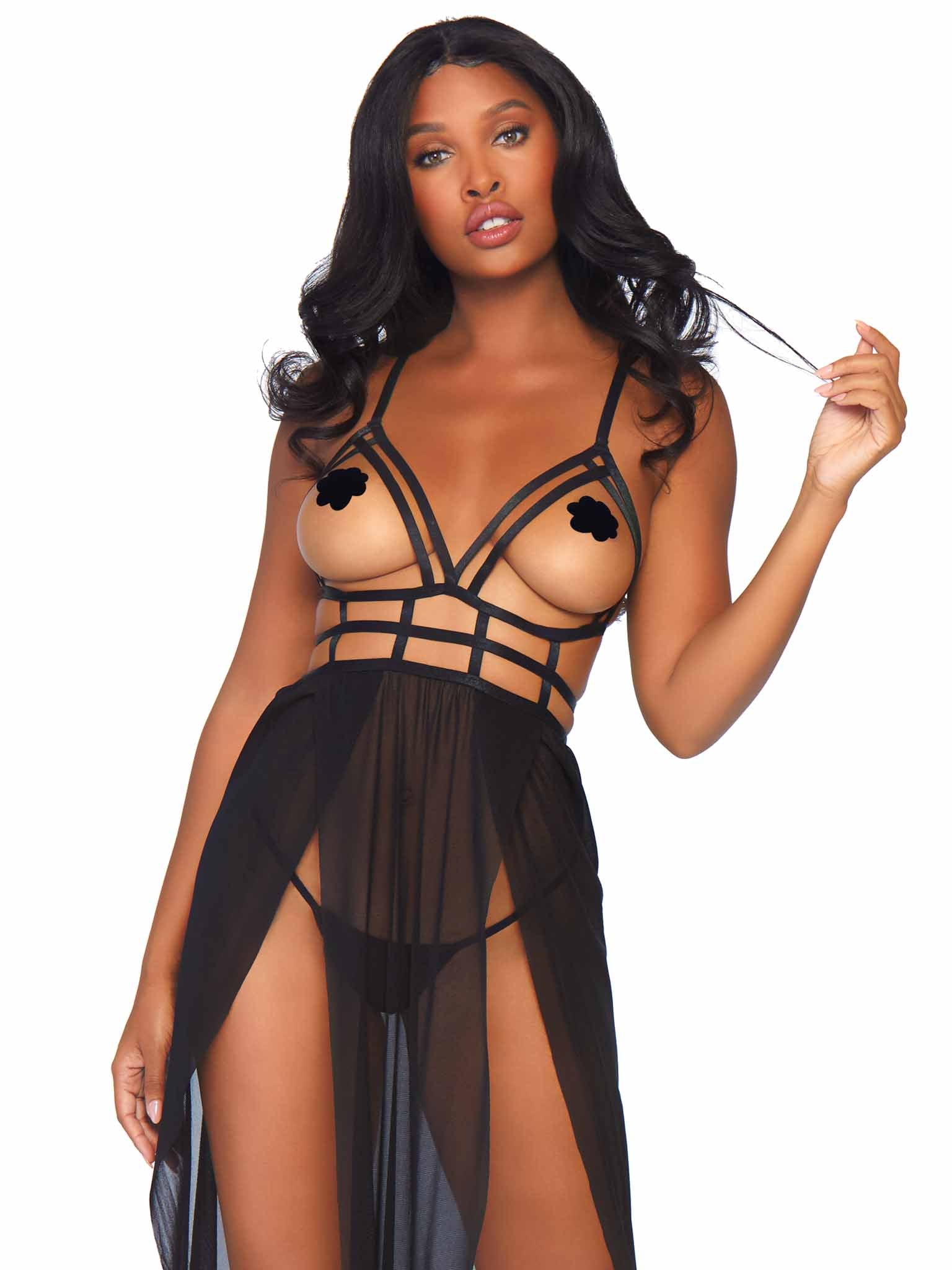 Black Cage Strap Open Bust Two Piece Maxi Dress