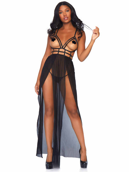 Black Cage Strap Open Bust Two Piece Maxi Dress