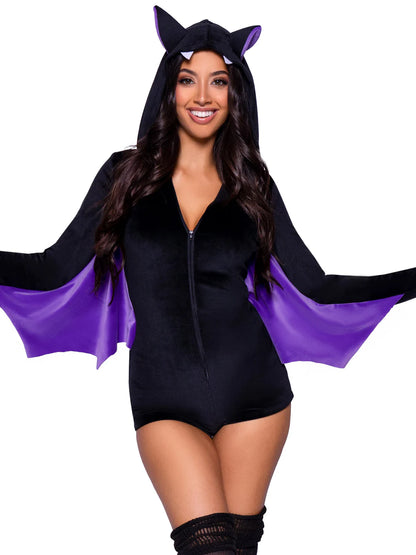 Womens Velvet Hooded Halloween Romper Bat Costume