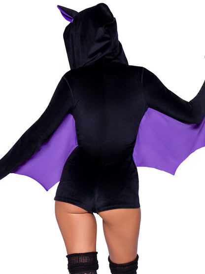 Womens Velvet Hooded Halloween Romper Bat Costume