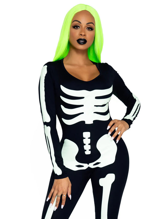 Printed Glow In The Dark Skeleton Catsuit 2 Piece Halloween Costume