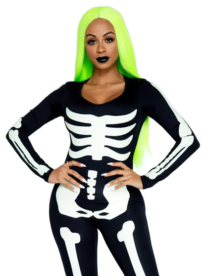 Printed Glow In The Dark Skeleton Catsuit 2 Piece Halloween Costume