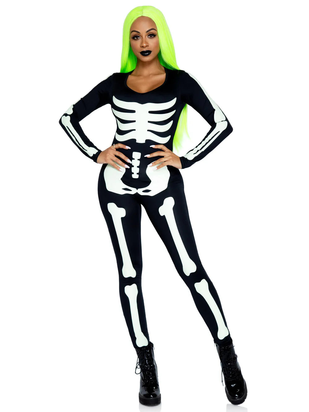 Printed Glow In The Dark Skeleton Catsuit 2 Piece Halloween Costume