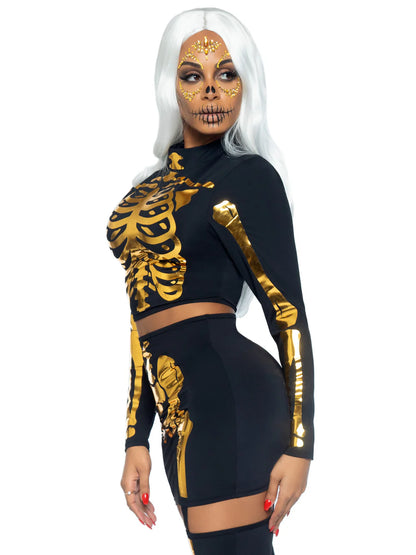 Golden Skeleton Crop Top and Skirt 2 Piece Halloween Costume