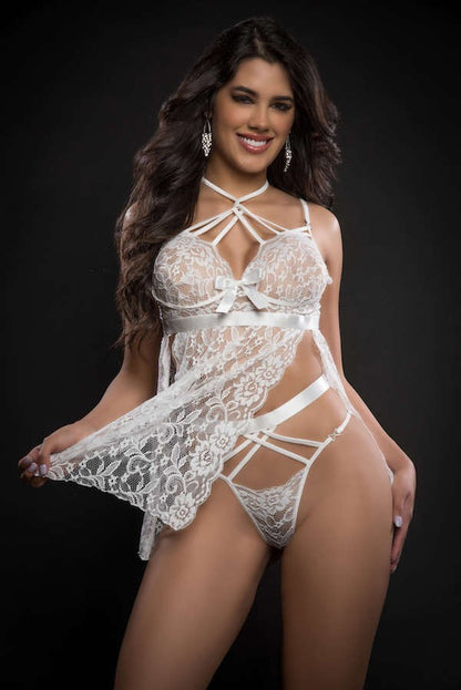 2pc Strappy Halter Laced Babydoll With Sides Slits & Open Back. - Bite Me Chic